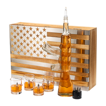 Whiskey Decanter Flag Set - 1000ml AK47 Rifle Gun, Glasses & Chillers Set in Box - Hanging Storage American Flag Gift Box With Silver Metal Flag, Great Gift Army, Navy, Marines, Veterans