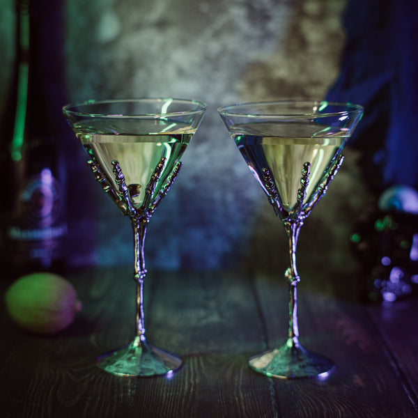 The Wine Savant Stemmed Skeleton Martini Glasses Set of 2 Skeleton Hand Glasses 9" H, Goth Gifts, Skeleton Gifts Decor, Spooky Cocktails, Water or Martini Gift Set, Wine Skeletons Glasses