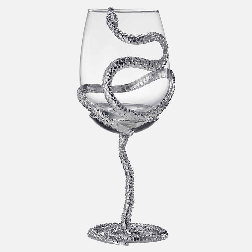 Stemmed Snake Wine Glass | SINGLE | 19oz Spooky Reptile Glasses 10" H, Goth Gifts, Skeleton Gifts, Skeleton Decor, Spooky Wine Gift Set, Perfect for Themed Parties (Silver)