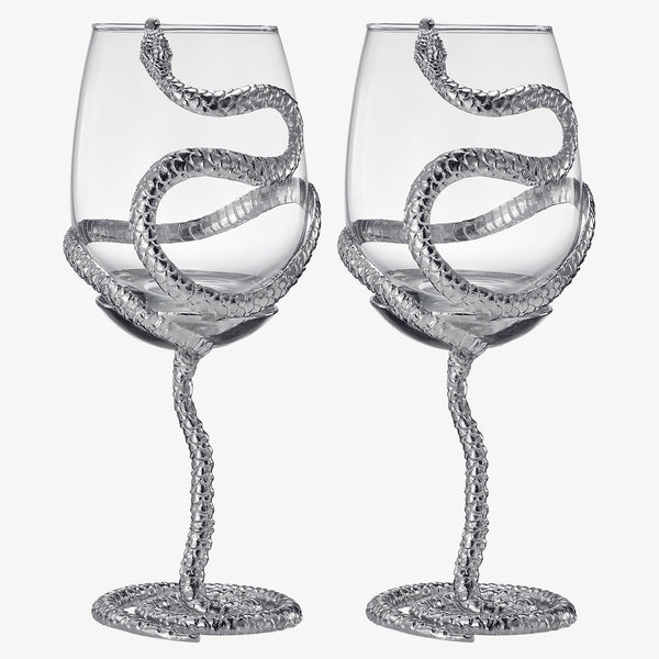 Stemmed Snake Wine Glass | Set of 2 | 19oz Spooky Reptile Glasses 10" H, Goth Gifts, Skeleton Gifts, Skeleton Decor, Spooky Wine Gift Set, Perfect for Themed Parties (Silver)