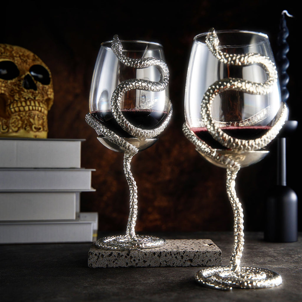 Stemmed Snake Wine Glass | Set of 2 | 19oz Spooky Reptile Glasses 10" H, Goth Gifts, Skeleton Gifts, Skeleton Decor, Spooky Wine Gift Set, Perfect for Themed Parties (Silver)