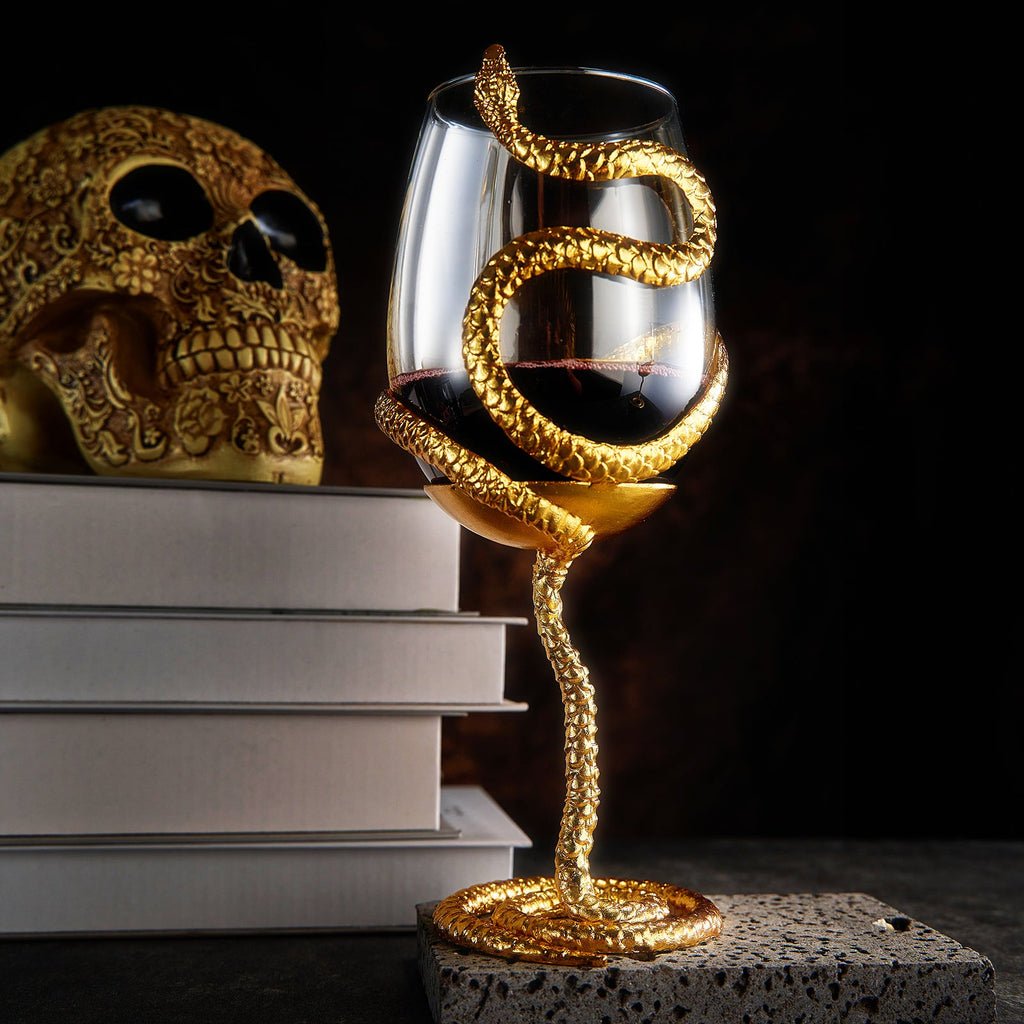 Stemmed Snake Wine Glass | SINGLE | 19oz Spooky Reptile Glasses 10" H, Goth Gifts, Skeleton Gifts, Skeleton Decor, Spooky Wine Gift Set, Perfect for Themed Parties (Gold)