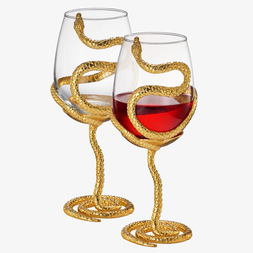 Stemmed Snake Wine Glass | Set of 2 | 19oz Spooky Reptile Glasses 10" H, Goth Gifts, Skeleton Gifts, Skeleton Decor, Spooky Wine Gift Set, Perfect for Themed Parties (Gold)