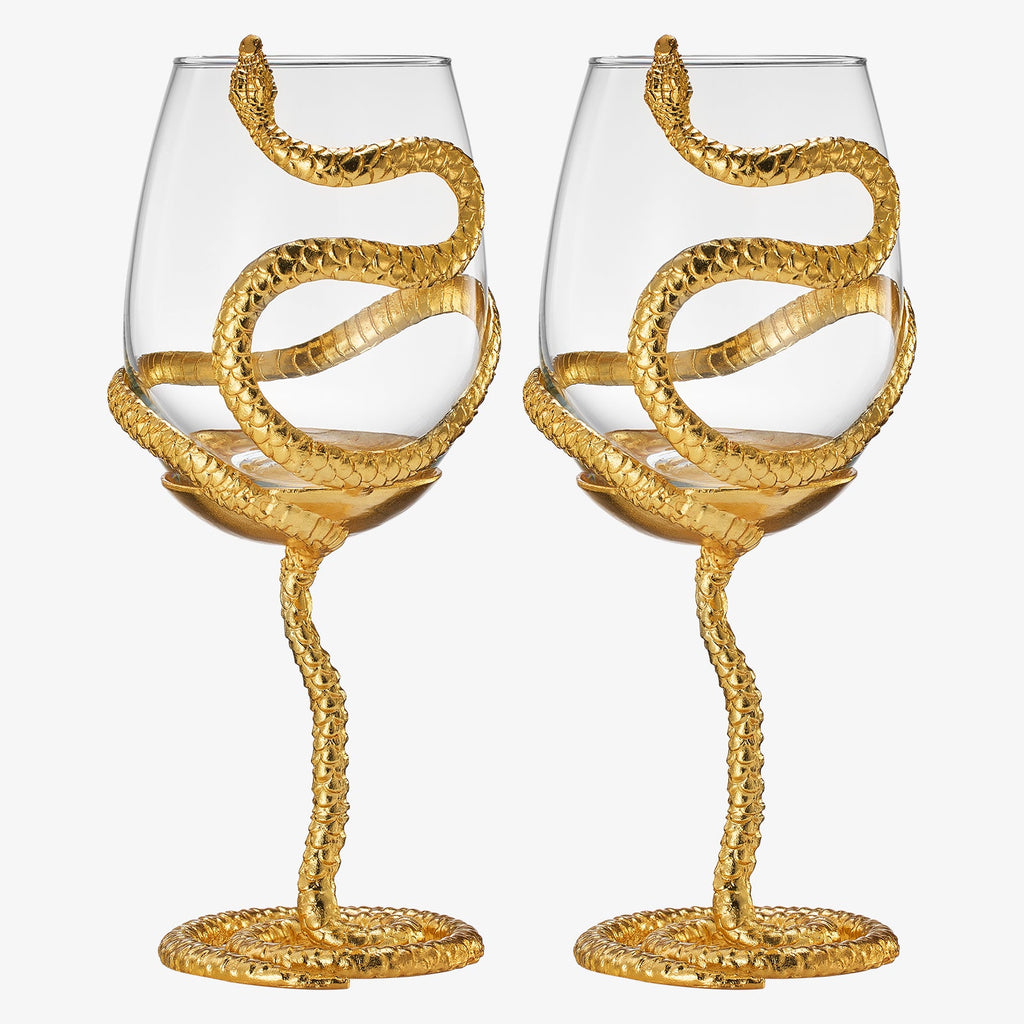 Stemmed Snake Wine Glass | Set of 2 | 19oz Spooky Reptile Glasses 10" H, Goth Gifts, Skeleton Gifts, Skeleton Decor, Spooky Wine Gift Set, Perfect for Themed Parties (Gold)