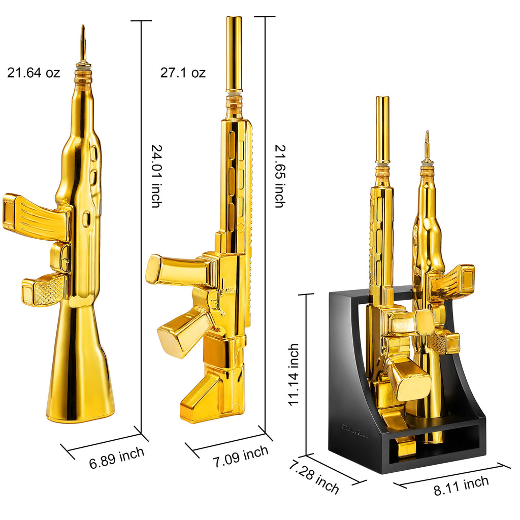 2 Gun Gold Whiskey Decanters Set & Rifle Gun Decanter - 21OZ & 27OZ - The Wine Savant Gun Rack, Veteran Gifts, Home Bar, Guns Lover Gifts, Tik Tok Gun Decanter, Military Gifts - Gun Whiskey Decanter