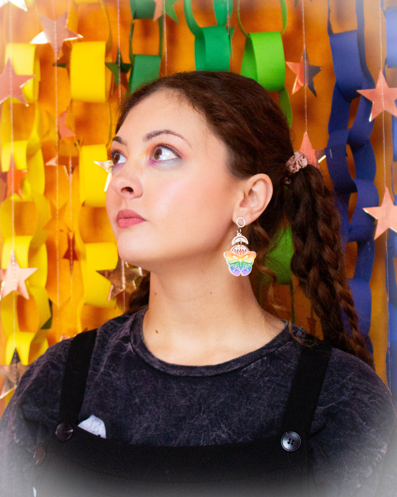 Moth Rainbow Pride Statement Dangle Earrings