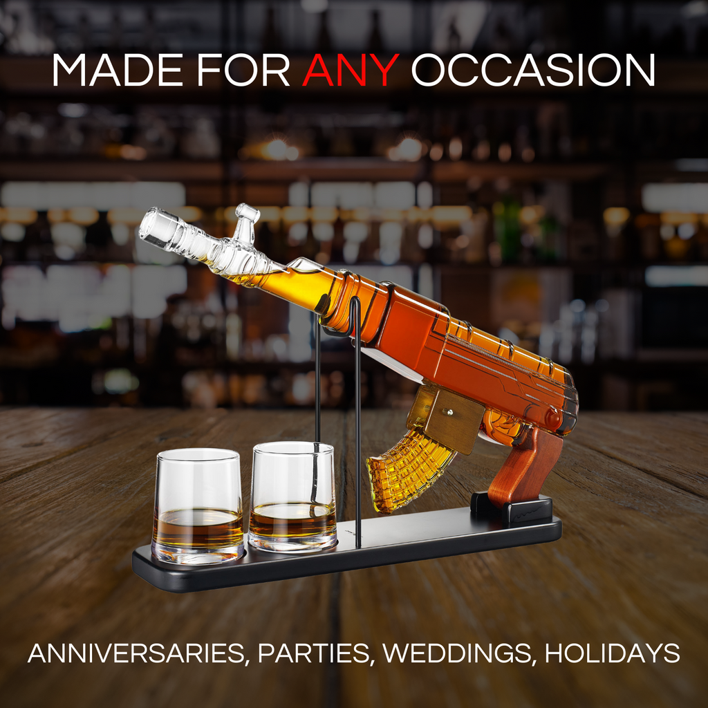 Gifts for Men Dad, Guns Whiskey Decanter Set for Men - Gun Decanter, Detachable Magazine & 2 Bullet Shot Glasses, Liquor Dispenser for Bar, Cool Anniversary Birthday Military Present Ideas