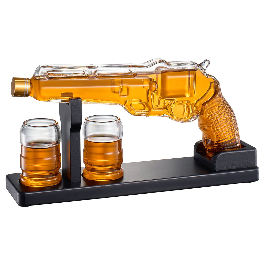 Whiskey Decanter Set 7.7 Oz with Two 1.6 Oz Shot Glasses | Pistol Gun Unique Birthday Gift Ideas For Son, Gifts for Men Dad, Home Bar Gifts, Drinking Accessories Funny Military Present Cool Dispenser