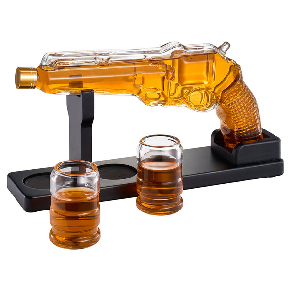 Whiskey Decanter Set 7.7 Oz with Two 1.6 Oz Shot Glasses | Pistol Gun Unique Birthday Gift Ideas For Son, Gifts for Men Dad, Home Bar Gifts, Drinking Accessories Funny Military Present Cool Dispenser