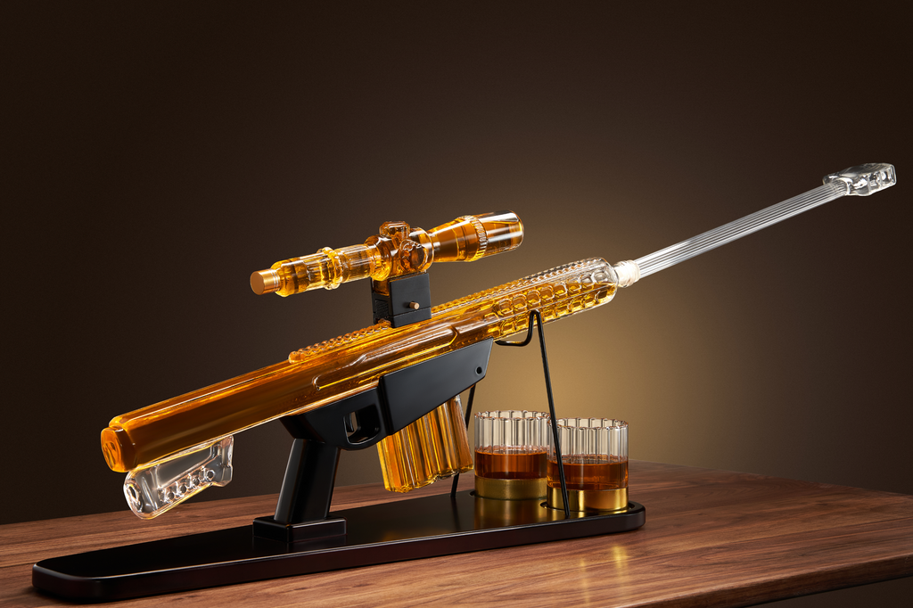 Whiskey Decanter Set - Sniper Liquor Decanter, Silencer Stopper - ml & 2 12oz Glasses - Unique Gift - Drinking Party Accessory, Handmade Liquor Decanter, Tik Tok Gun Decanter Mens Birthday