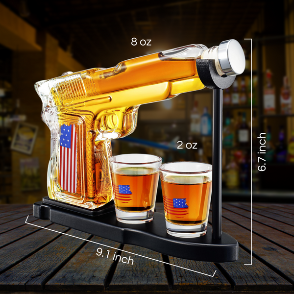 Gifts for Men Dad, Father Whiskey Decanter Set - 8 Oz with Two 2 Oz Glasses, American Flag Pistol Gun Anniversary Birthday, Home Bar Gifts, Drinking Military Present Dispenser, Him Husband Bar Gift