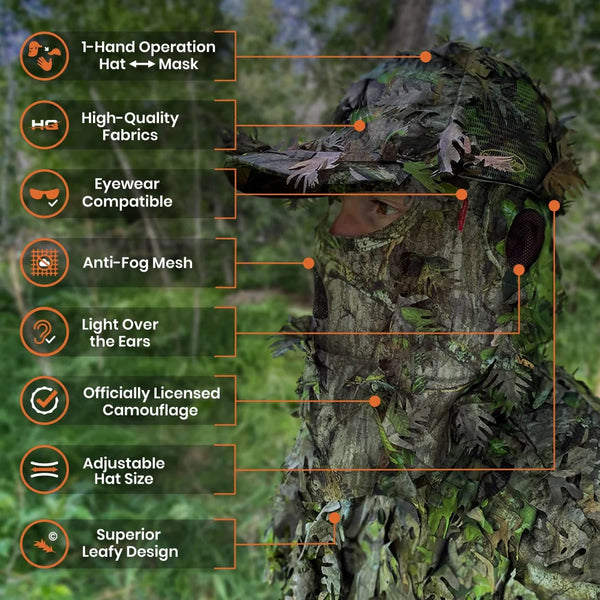 2-in-1 FRONT Leafy Face Mask and Camo Hat (Adj, OSFM)