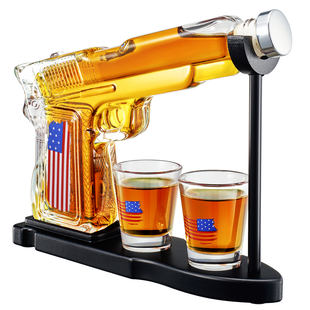 Gifts for Men Dad, Father Whiskey Decanter Set - 8 Oz with Two 2 Oz Glasses, American Flag Pistol Gun Anniversary Birthday, Home Bar Gifts, Drinking Military Present Dispenser, Him Husband Bar Gift