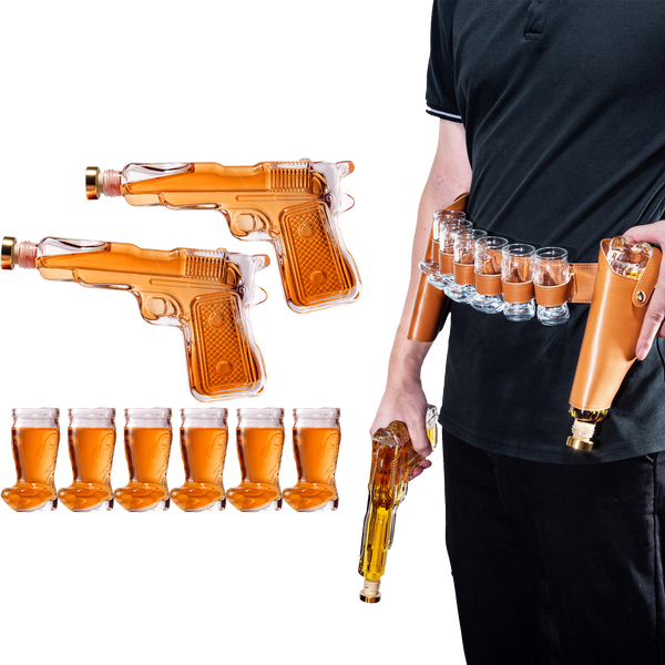 Pistol & Shotglasses Decanter Party Serving Holster Set - Whiskey Gun Decanter & Shot Glass - Pourers & Stopper - 2x 7.7oz Decanters - 6x 2oz Cowboy Boot Shots - Unique Gifts