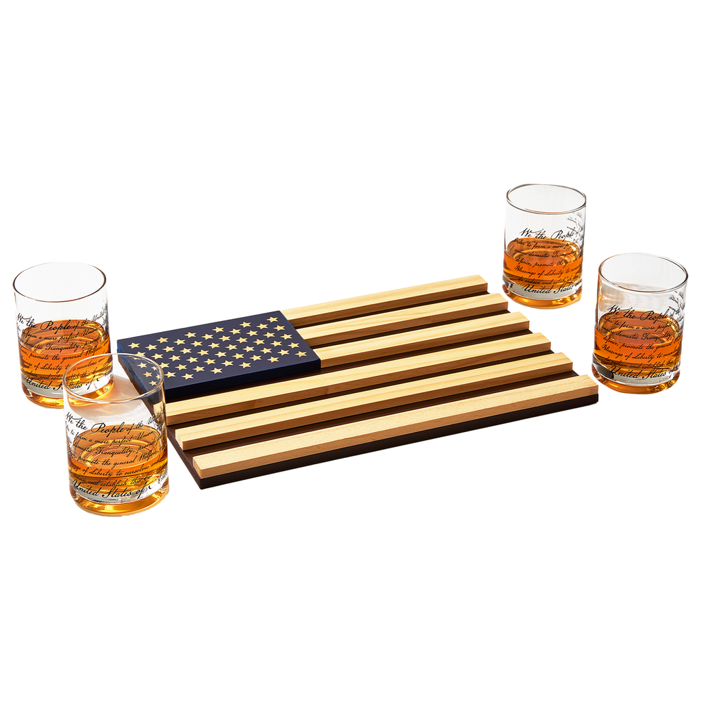 Whiskey Glasses – United States Constitution - Wood American Flag Tray & Set of 4 We The People 10oz America Glassware, Old Fashioned Rocks Glass, Freedom Of Speech Law Gift Set US Patriotic