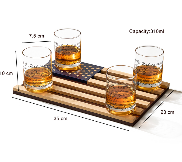 Whiskey Glasses – United States Constitution - Wood American Flag Tray & Set of 4 We The People 10oz America Glassware, Old Fashioned Rocks Glass, Freedom Of Speech Law Gift Set US Patriotic