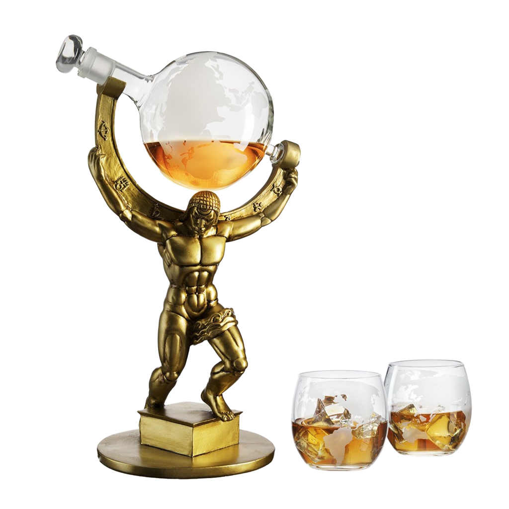 Atlas Bronze World Globe Whiskey Decanter Set - 15" Tall - With 2 World Glasses - For Whiskey, Scotch, Bourbon, Cognac and Brandy - 1000ml - By The Wine Savant - Atlas Decanter Whiskey