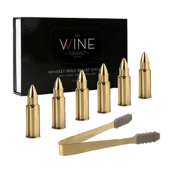 Bullet Whiskey Chillers Stones - 1.75in Whiskey Rocks by The Wine Savant Set of 6 - Stainless Steel Bullet Shaped Ice Cubes, Gift Box Come, Tongs and Storage Bag, Whiskey or Scotch Rocks (Gold)