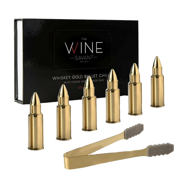 Bullet Whiskey Chillers Stones - 1.75in Whiskey Rocks by The Wine Savant Set of 6 - Stainless Steel Bullet Shaped Ice Cubes, Gift Box Come, Tongs and Storage Bag, Whiskey or Scotch Rocks (Gold)