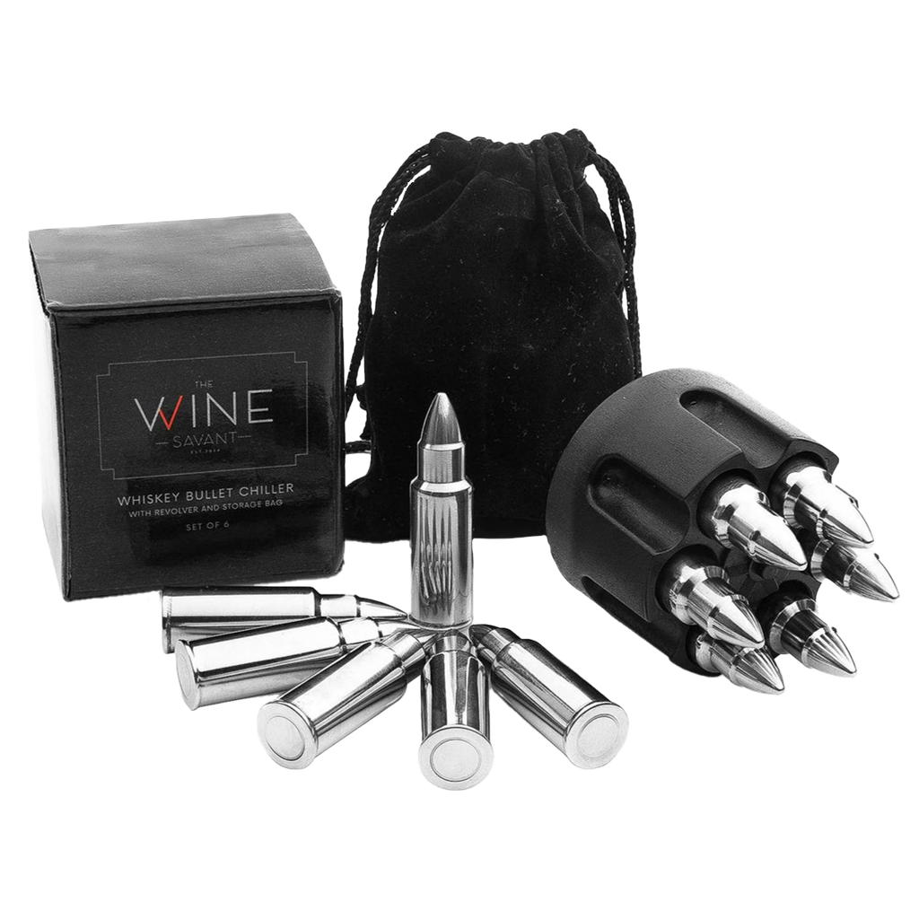 Whiskey Stones Bullets Stainless Steel - 1.75in Bullet Chillers Set of 6 Inside Realistic Revolver - Freezer Base, Made w/ Premium Stainless Steel, Large Reusable Chilling Ice Cube, Good for Whiskey