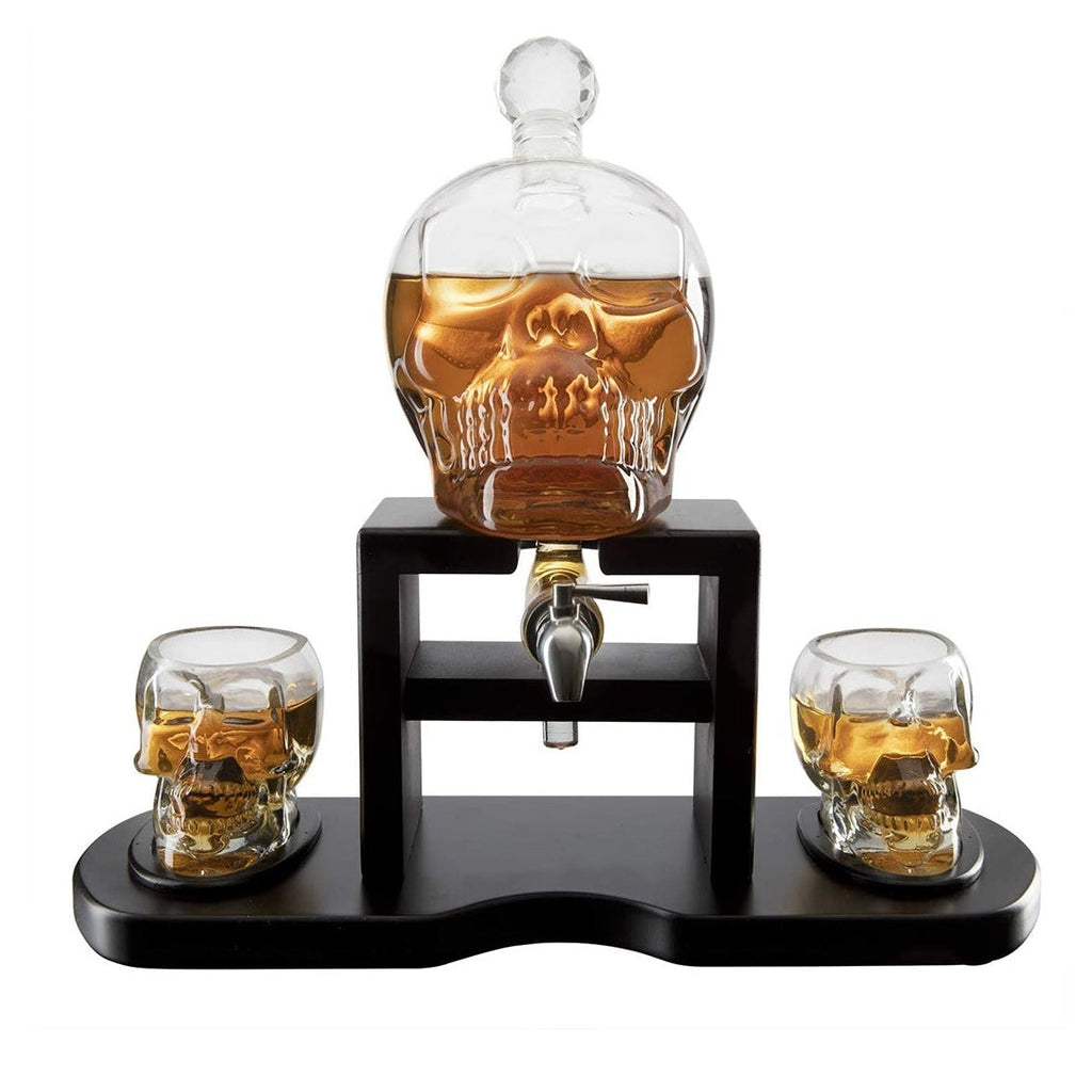 Skull Skeleton Wine & Whiskey Decanter Set 750 mL With 2 Skull 3oz Skeletons Shot Glasses + Mahogany Wooden Base & Pouring Spigot Decor Glass, Goth Spooky Drinking Glassware The Wine Savant