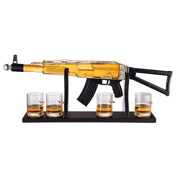 Gun Whiskey Decanter Set - Limited Edition, Silencer Stopper - 710 ml & 4 10.5oz Bullet Glasses - Unique Gift - Drinking Party Accessory, Handmade Gun Liquor Decanter, Tik Tok Gun Decanter, Dad Gift