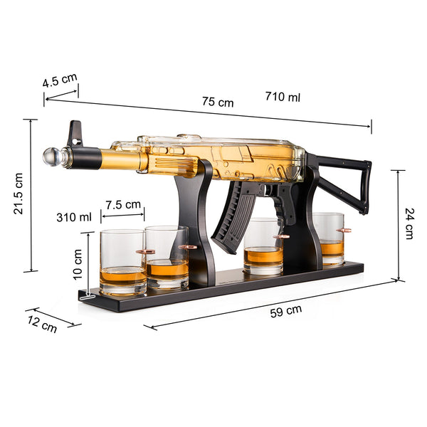 Gun Whiskey Decanter Set - Limited Edition, Silencer Stopper - 710 ml & 4 10.5oz Bullet Glasses - Unique Gift - Drinking Party Accessory, Handmade Gun Liquor Decanter, Tik Tok Gun Decanter, Dad Gift