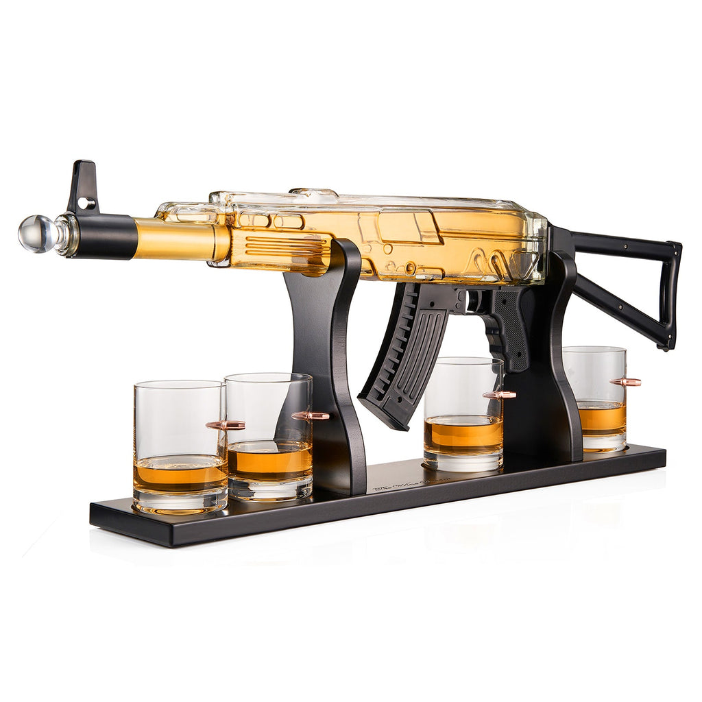 Gun Whiskey Decanter Set - Limited Edition, Silencer Stopper - 710 ml & 4 10.5oz Bullet Glasses - Unique Gift - Drinking Party Accessory, Handmade Gun Liquor Decanter, Tik Tok Gun Decanter, Dad Gift