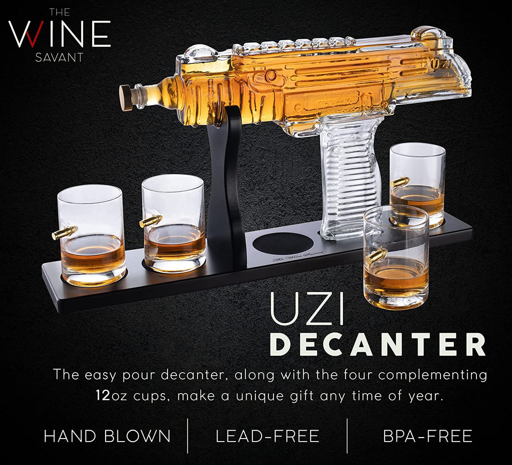 Uzi Submachine Gun Whiskey Gun Decanter and 4 Liquor Glasses - Tik Tok Gun Decanter & Glass Set - Gun Gifts for Men - Whiskey Decanter Set - Bourbon & Scotch Decanter - Firearm Shooting Gifts for Dad