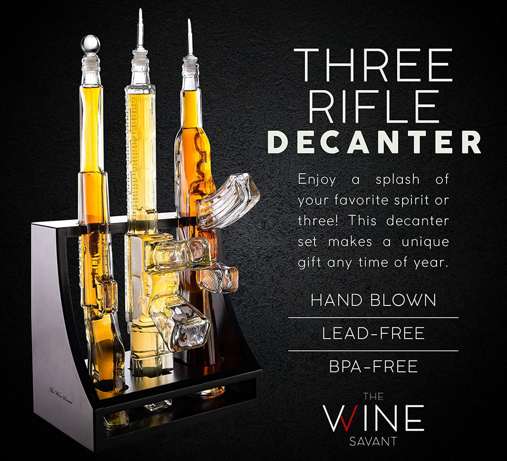 3 Gun Whiskey Decanters Set AR15, AK47, & Rifle Gun Decanter Set 1000ml by The Wine Savant - Veteran Gifts, Home Bar, Gun Lover Gifts, Tik Tok Gun Decanter, Military Gifts