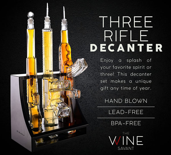 3 Gun Whiskey Decanters Set AR15, AK47, & Rifle Gun Decanter Set 1000ml by The Wine Savant - Veteran Gifts, Home Bar, Gun Lover Gifts, Tik Tok Gun Decanter, Military Gifts