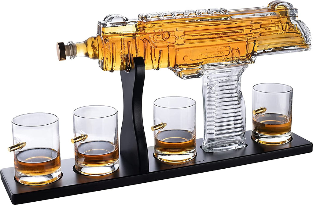 Uzi Submachine Gun Whiskey Gun Decanter and 4 Liquor Glasses - Tik Tok Gun Decanter & Glass Set - Gun Gifts for Men - Whiskey Decanter Set - Bourbon & Scotch Decanter - Firearm Shooting Gifts for Dad