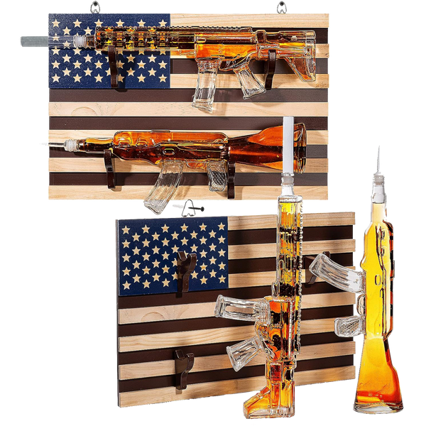 2 Gun Whiskey Decanters Set AR15 and AK47 Gun Decanter 1000ml American Flag Wall Rack by The Wine Savant - Veteran Gifts, Gun Lover Gifts, Tik Tok Gun Decanter, Military Gifts