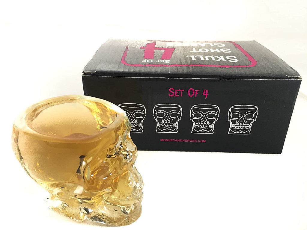 Monkey and Heroes Extra Large Skull Shot Glasses Set of 4, Use Skull Head Cup For A Whiskey, Scoth and Vodka Shot Glass, 3 Ounces