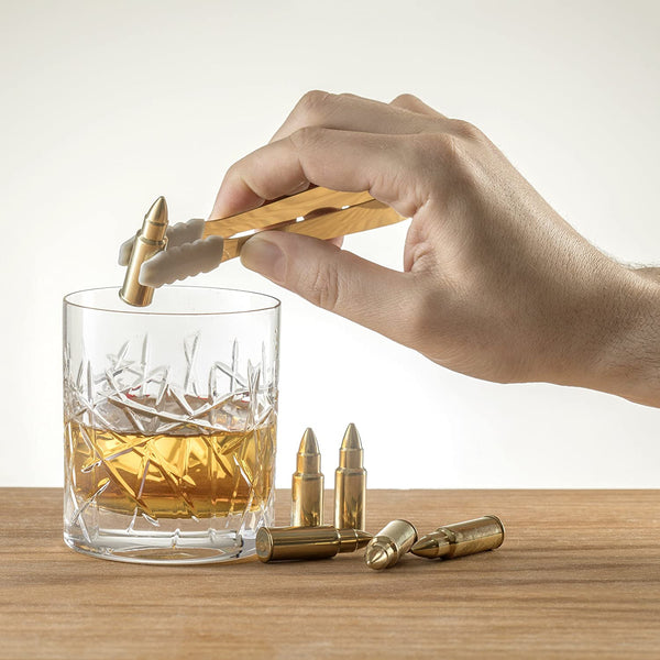 Bullet Whiskey Chillers Stones - 1.75in Whiskey Rocks by The Wine Savant Set of 6 - Stainless Steel Bullet Shaped Ice Cubes, Gift Box Come, Tongs and Storage Bag, Whiskey or Scotch Rocks (Gold)