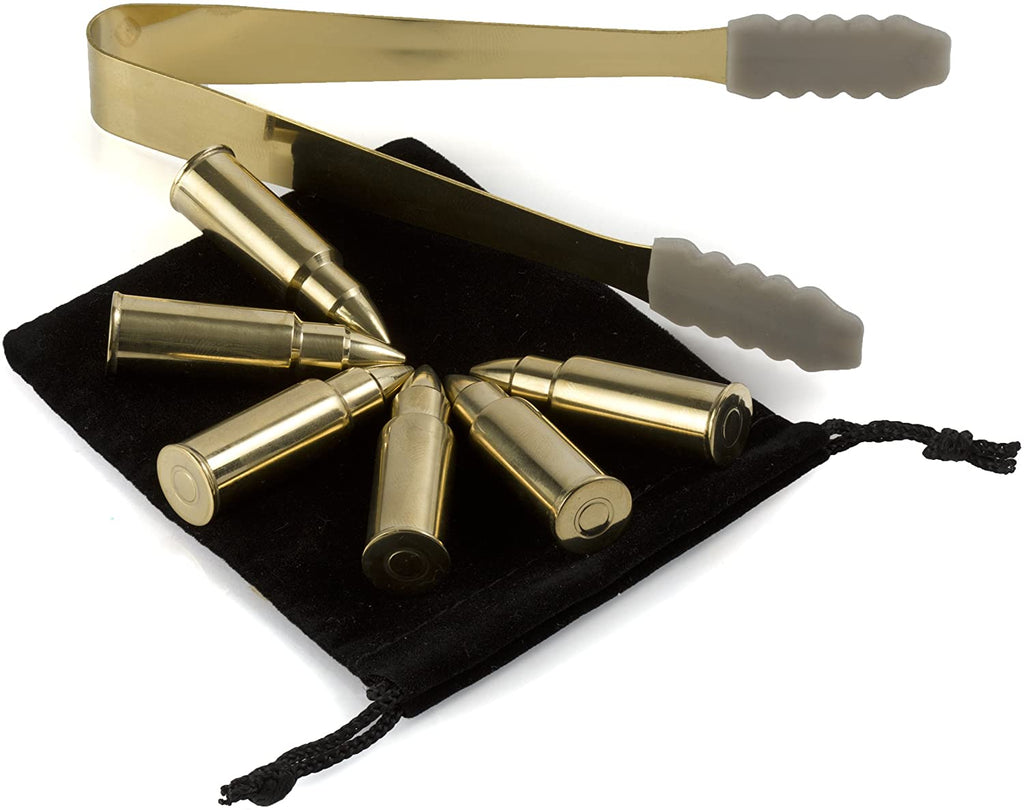 Bullet Whiskey Chillers Stones - 1.75in Whiskey Rocks by The Wine Savant Set of 6 - Stainless Steel Bullet Shaped Ice Cubes, Gift Box Come, Tongs and Storage Bag, Whiskey or Scotch Rocks (Gold)