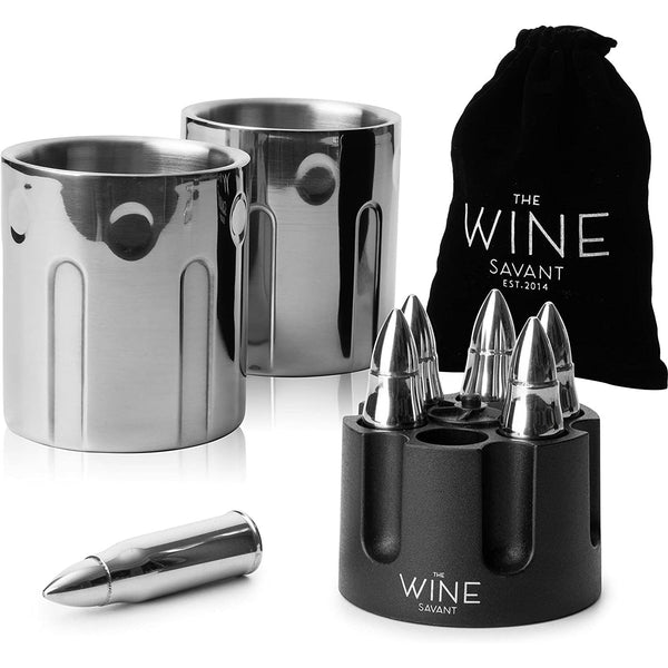 2 Metal Ice Cups & Bullet Chillers by The Wine Savant - Whiskey Stones Bullets Stainless Steel with Revolver Case, 1.75in Bullet Chillers Set of 6, Whiskey Gift Sets, Military Gifts, Veteran Gifts by The Wine Savant - Proud Libertarian - The Wine Savant