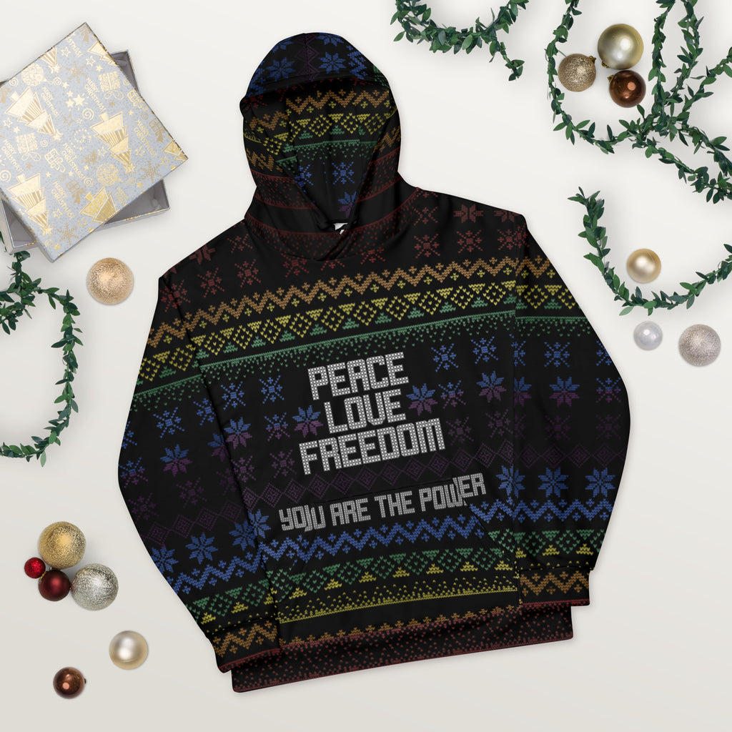 Peace Love Freedom Rainbow Ugly Holiday Sweater Hoodie - Proud Libertarian - You Are the Power