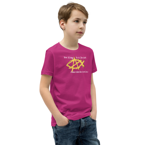 AnarchoChristian No King But Christ - Anarchist Jesus Fish Youth Short Sleeve T-Shirt - Proud Libertarian - AnarchoChristian