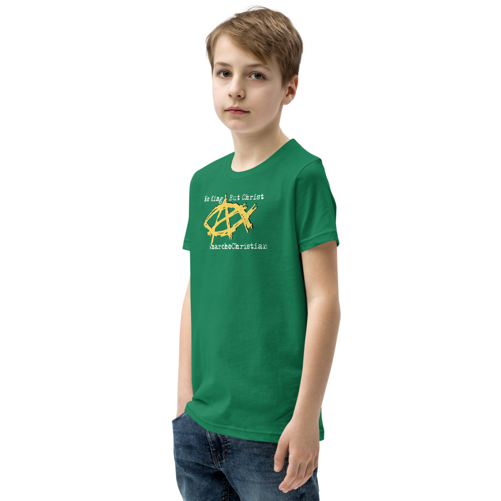 AnarchoChristian No King But Christ - Anarchist Jesus Fish Youth Short Sleeve T-Shirt - Proud Libertarian - AnarchoChristian