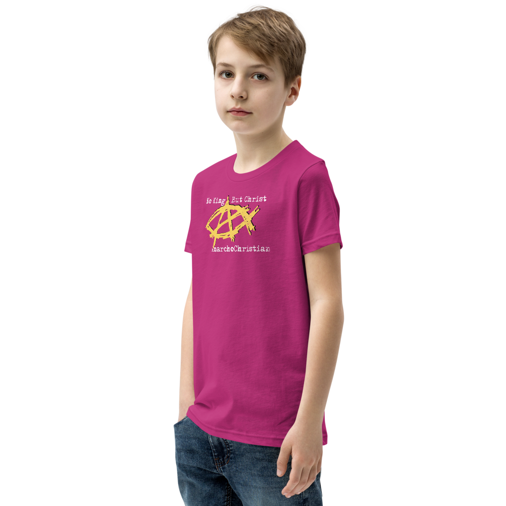 AnarchoChristian No King But Christ - Anarchist Jesus Fish Youth Short Sleeve T-Shirt - Proud Libertarian - AnarchoChristian