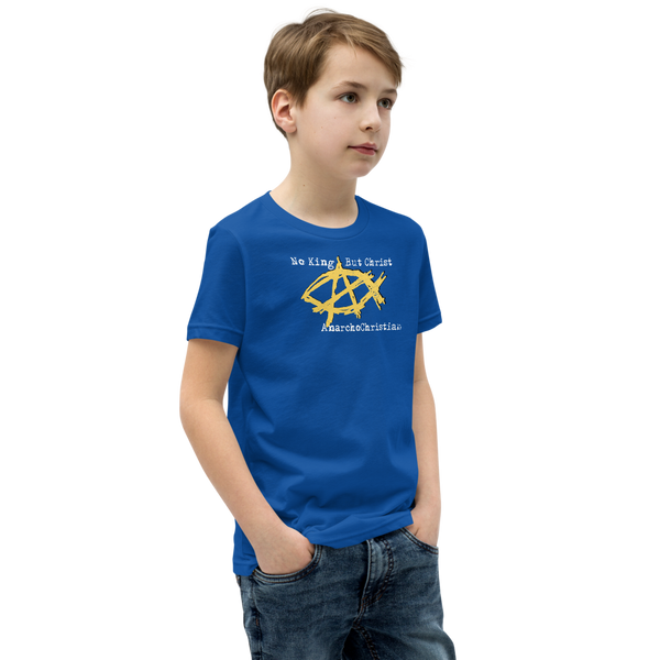 AnarchoChristian No King But Christ - Anarchist Jesus Fish Youth Short Sleeve T-Shirt - Proud Libertarian - AnarchoChristian