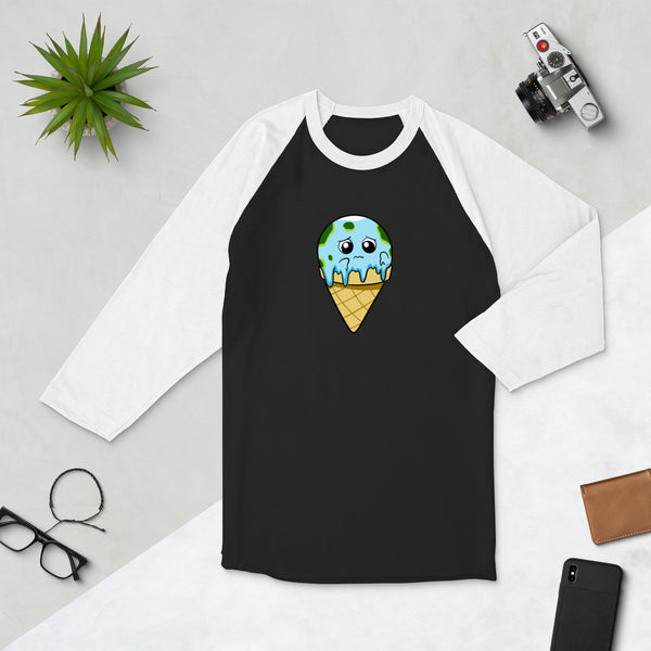 Global Meltdown Cartoon Earth Ice Cream 3/4 sleeve raglan shirt - Proud Libertarian - Cartoons of Liberty