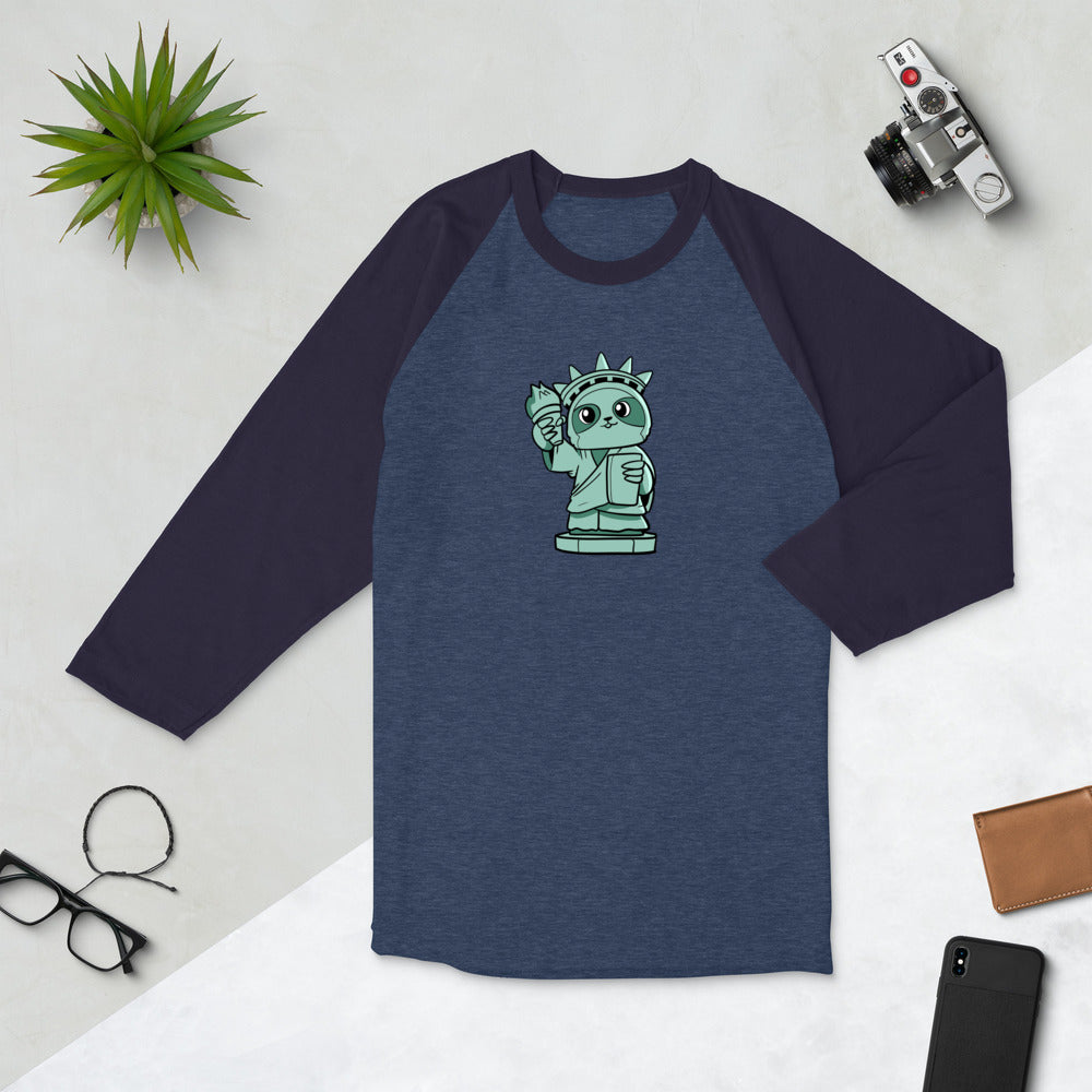 Sloth of Liberty Cartoon 3/4 sleeve raglan shirt - Proud Libertarian - Cartoons of Liberty