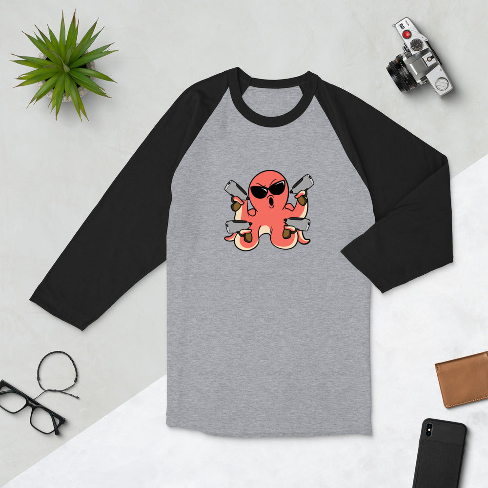 Second Amendment Octopus Cartoon 3/4 sleeve raglan shirt - Proud Libertarian - Cartoons of Liberty