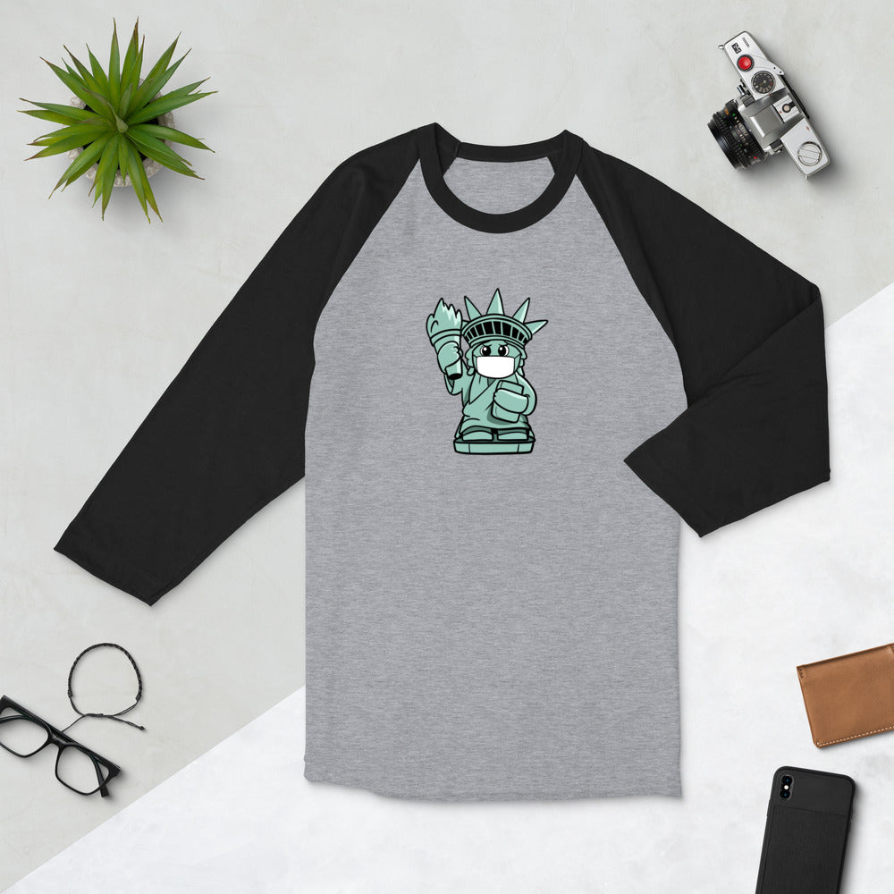 Masked Liberty Cartoon 3/4 sleeve raglan shirt - Proud Libertarian - Cartoons of Liberty