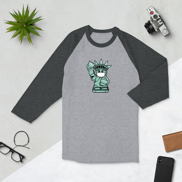 Masked Liberty Cartoon 3/4 sleeve raglan shirt - Proud Libertarian - Cartoons of Liberty