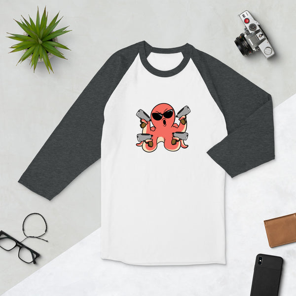 Second Amendment Octopus Cartoon 3/4 sleeve raglan shirt - Proud Libertarian - Cartoons of Liberty