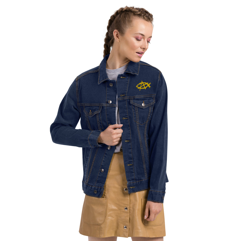 Anarchochristian Embroidered Unisex denim jacket - Proud Libertarian - Proud Libertarian