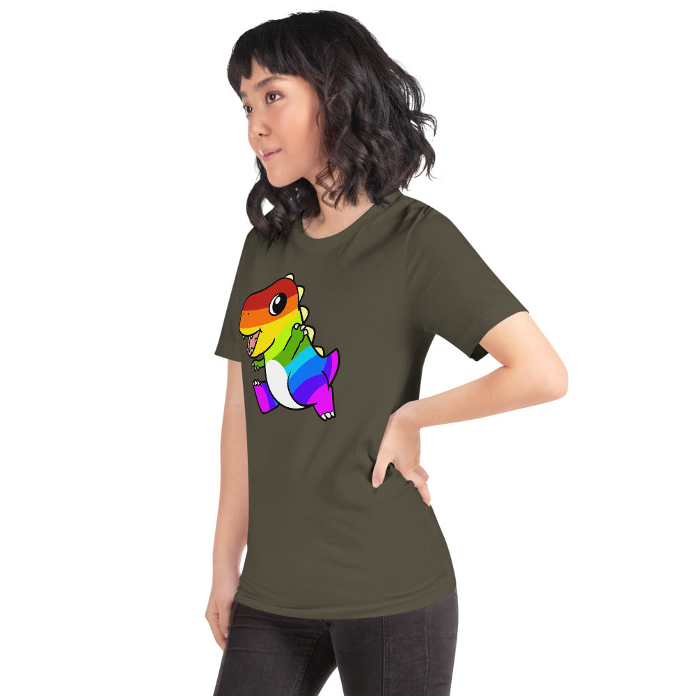 LGBTQ Tyrannosaurus Rex Cartoon Dinosaur Short-Sleeve Unisex T-Shirt - Proud Libertarian - Cartoons of Liberty